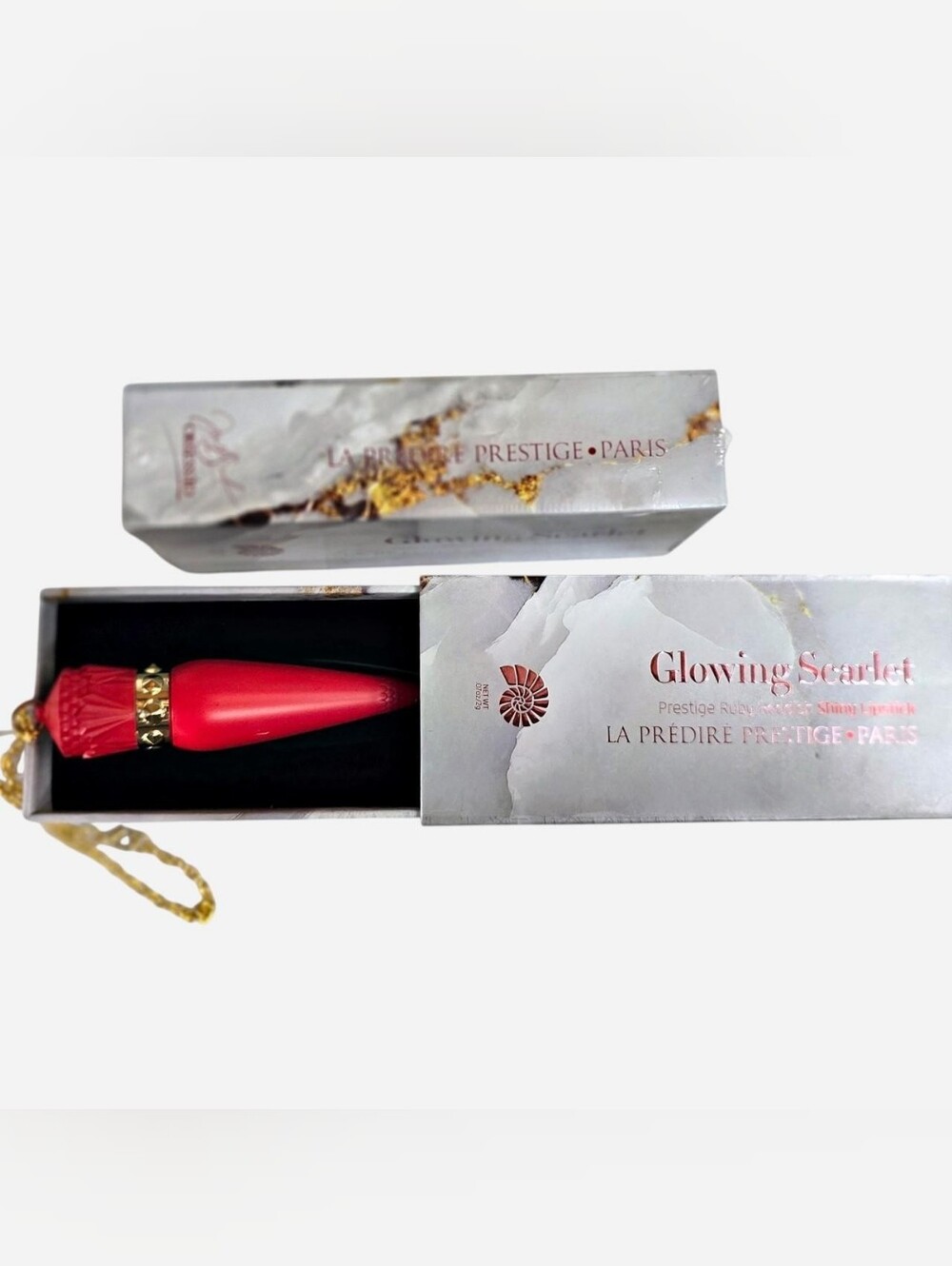 Glowing Scarlet Ruby Reddish Shiny Lipstick La Predire Prestige Paris